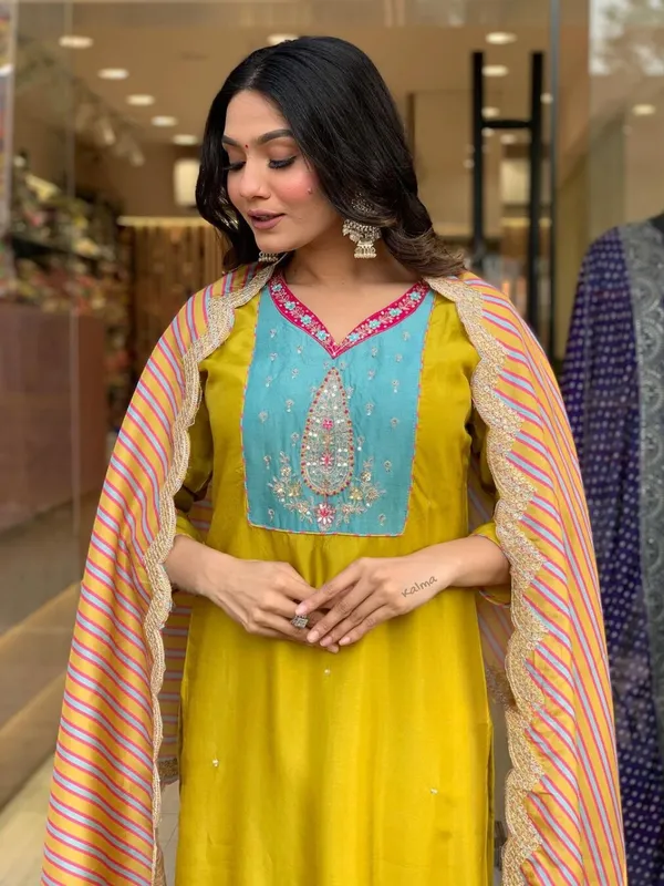 Yellow_Viscose_Embroidered_Straight_Kurta_With_Viscose_Pant_And_Silk_Blend_Printed_Dupatta_Sets_For_Women