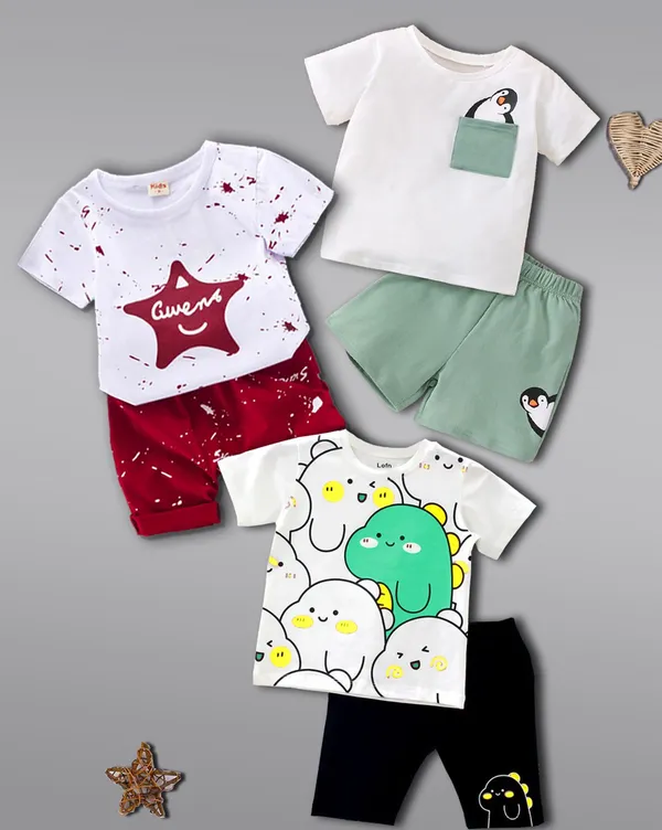 Pack_Of_3_Cotton_Printed_Short_Sleeves_T-Shirt_With_Shorts_For_Kids_(Multicolor)