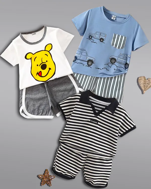 Pack_Of_3_Cotton_Printed_Short_Sleeves_T-Shirt_With_Shorts_For_Kids_(Multicolor)