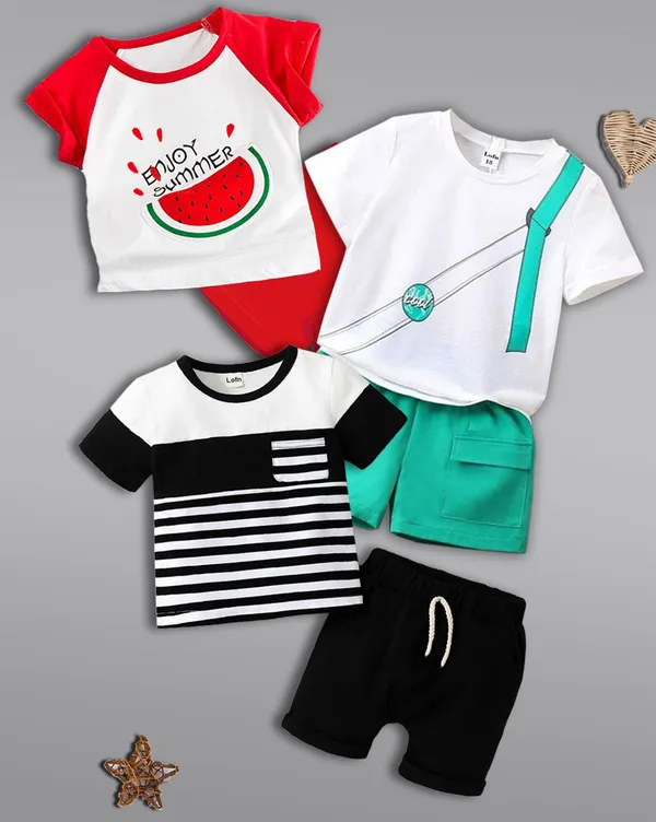 Pack_Of_3_Cotton_Printed_Short_Sleeves_T-Shirt_With_Shorts_For_Kids_(Multicolor)