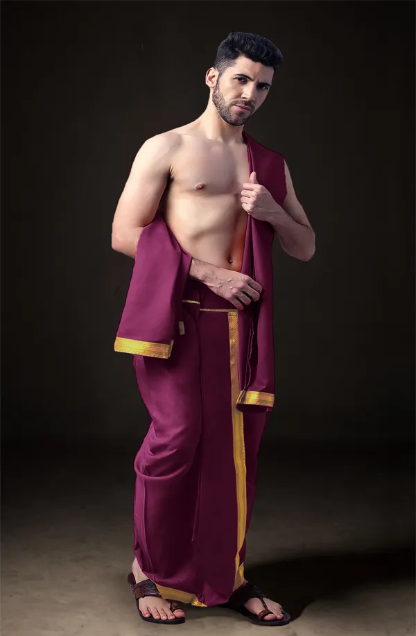 Maroon_Polyester_Elastic_Ready_To_Wear_Dhoti_With_Dupatta_For_Men