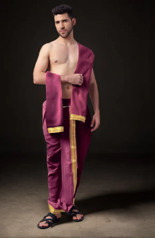 Maroon_Polyester_Elastic_Ready_To_Wear_Dhoti_With_Dupatta_For_Men