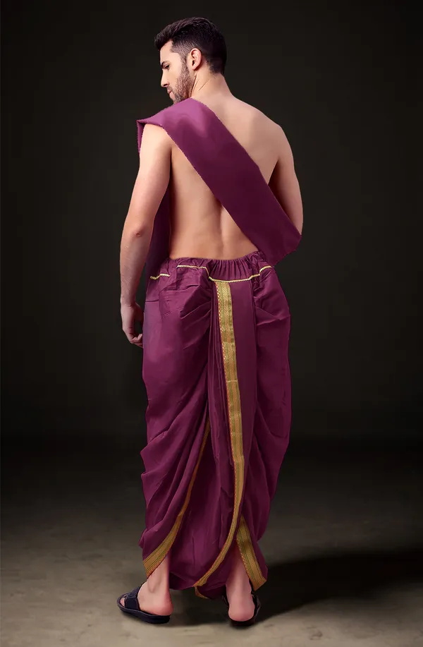 Maroon_Polyester_Elastic_Ready_To_Wear_Dhoti_With_Dupatta_For_Men