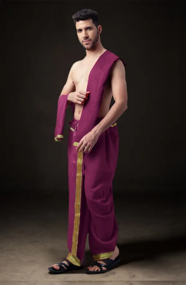 Maroon_Polyester_Elastic_Ready_To_Wear_Dhoti_With_Dupatta_For_Men