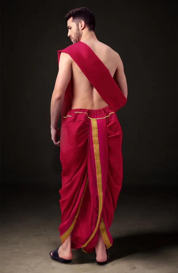 Red_Polyester_Elastic_Ready_To_Wear_Dhoti_With_Dupatta_For_Men