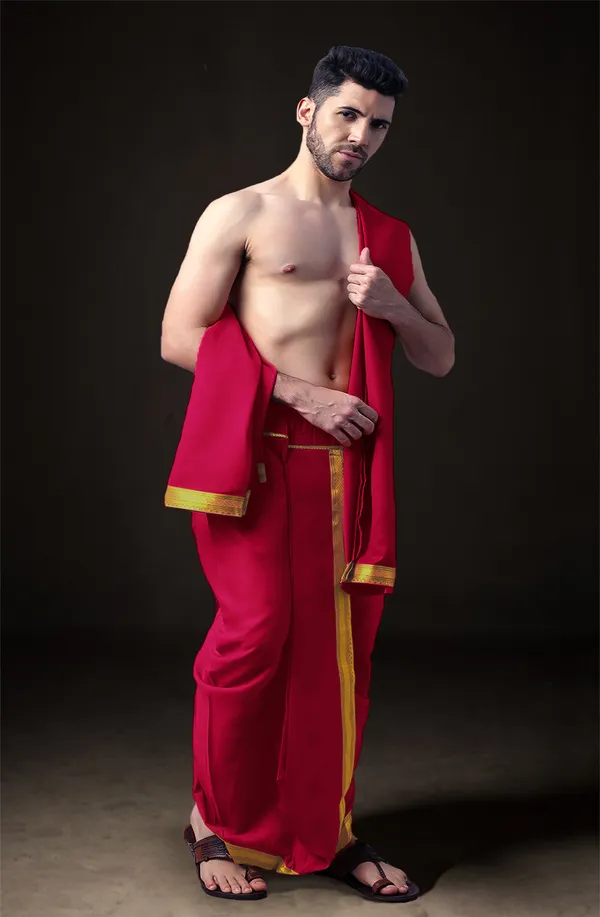 Red_Polyester_Elastic_Ready_To_Wear_Dhoti_With_Dupatta_For_Men