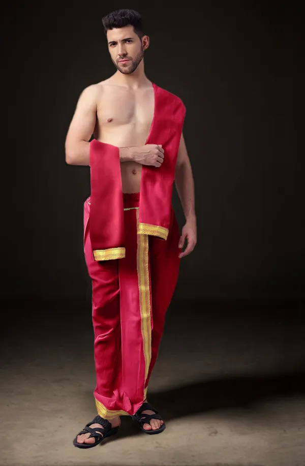 Red_Polyester_Elastic_Ready_To_Wear_Dhoti_With_Dupatta_For_Men