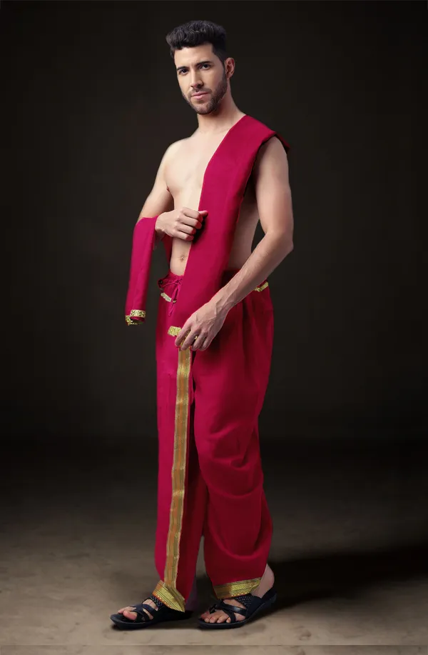 Red_Polyester_Elastic_Ready_To_Wear_Dhoti_With_Dupatta_For_Men