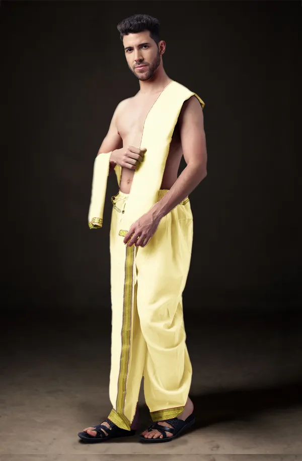Cream_Polyester_Elastic_Ready_To_Wear_Dhoti_With_Dupatta_For_Men