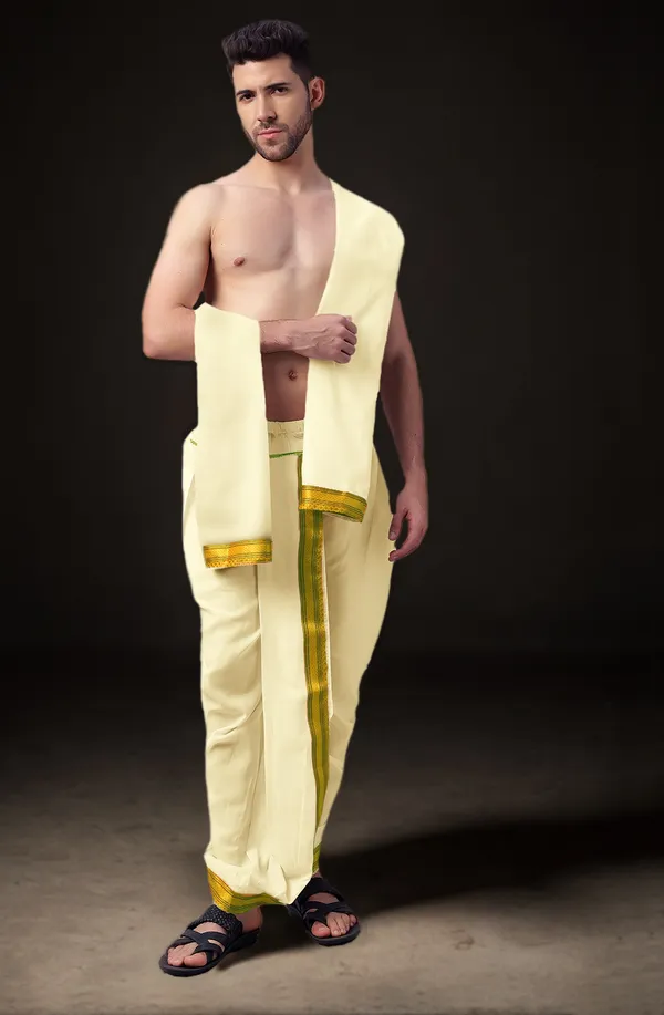 Cream_Polyester_Elastic_Ready_To_Wear_Dhoti_With_Dupatta_For_Men