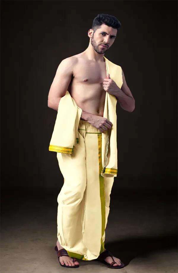 Cream_Polyester_Elastic_Ready_To_Wear_Dhoti_With_Dupatta_For_Men
