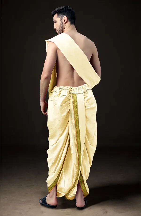 Cream_Polyester_Elastic_Ready_To_Wear_Dhoti_With_Dupatta_For_Men