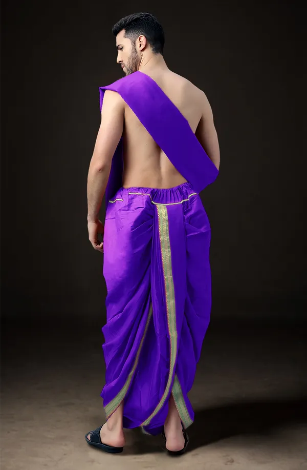 Purple_Polyester_Elastic_Ready_To_Wear_Dhoti_With_Dupatta_For_Men