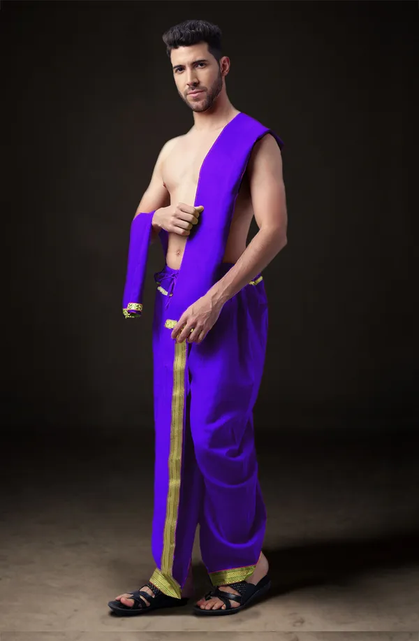 Purple_Polyester_Elastic_Ready_To_Wear_Dhoti_With_Dupatta_For_Men