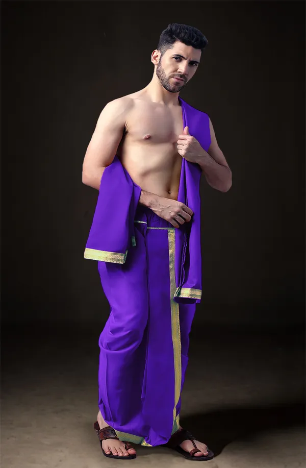 Purple_Polyester_Elastic_Ready_To_Wear_Dhoti_With_Dupatta_For_Men
