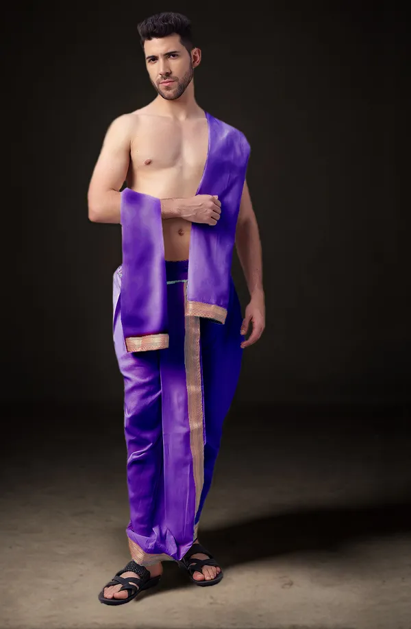 Purple_Polyester_Elastic_Ready_To_Wear_Dhoti_With_Dupatta_For_Men