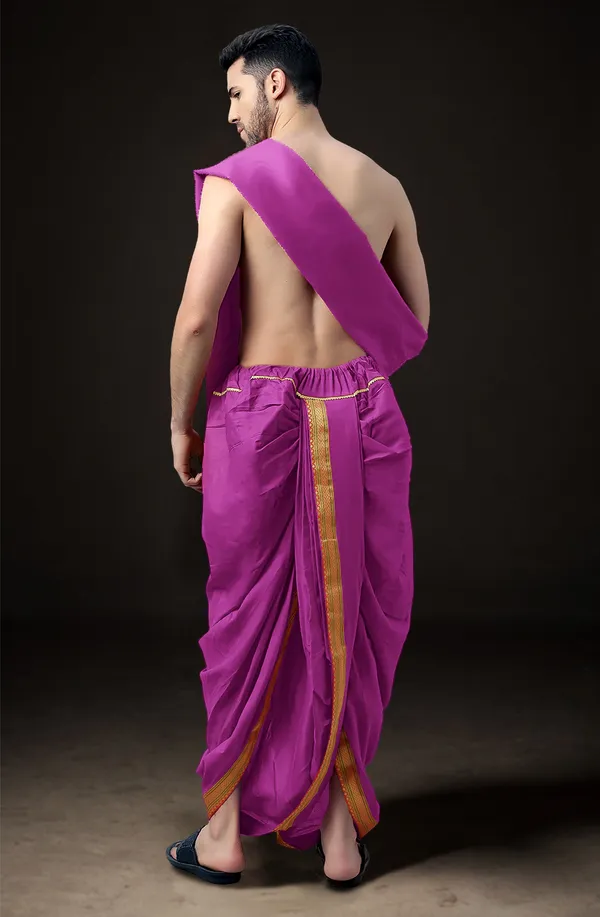 Pink_Polyester_Elastic_Ready_To_Wear_Dhoti_With_Dupatta_For_Men