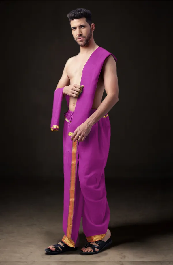 Pink_Polyester_Elastic_Ready_To_Wear_Dhoti_With_Dupatta_For_Men