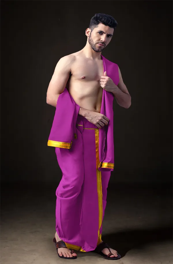 Pink_Polyester_Elastic_Ready_To_Wear_Dhoti_With_Dupatta_For_Men
