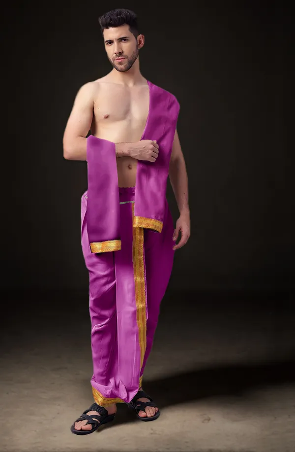 Pink_Polyester_Elastic_Ready_To_Wear_Dhoti_With_Dupatta_For_Men