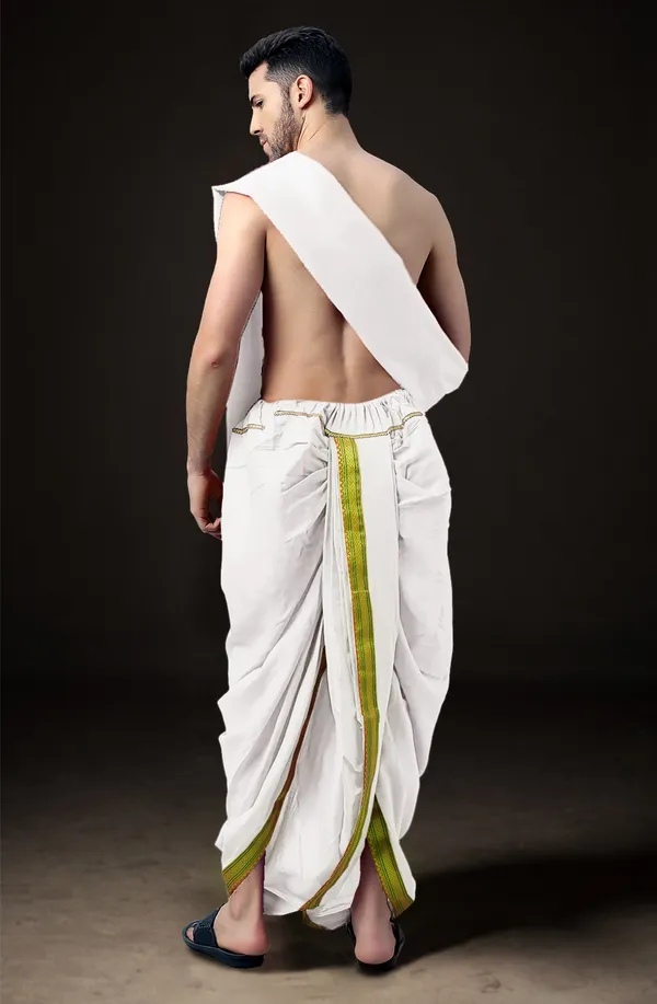 White_Polyester_Elastic_Ready_To_Wear_Dhoti_With_Dupatta_For_Men
