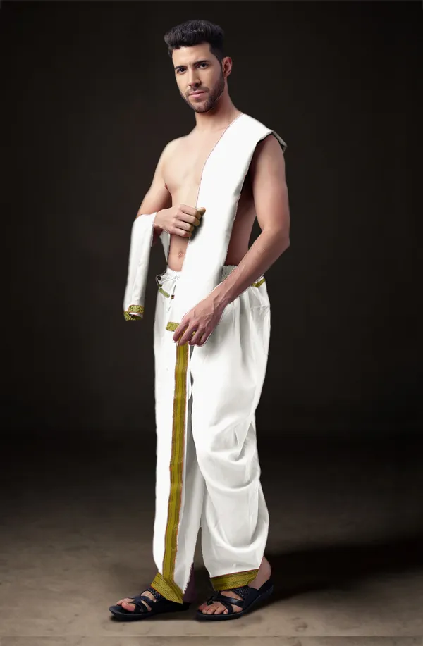 White_Polyester_Elastic_Ready_To_Wear_Dhoti_With_Dupatta_For_Men