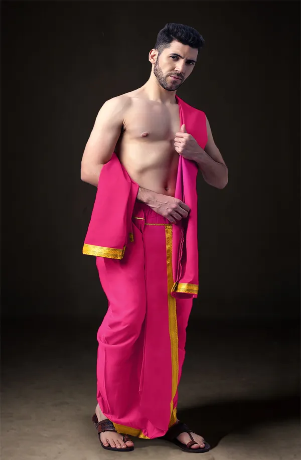 Pink_Polyester_Elastic_Ready_To_Wear_Dhoti_With_Dupatta_For_Men