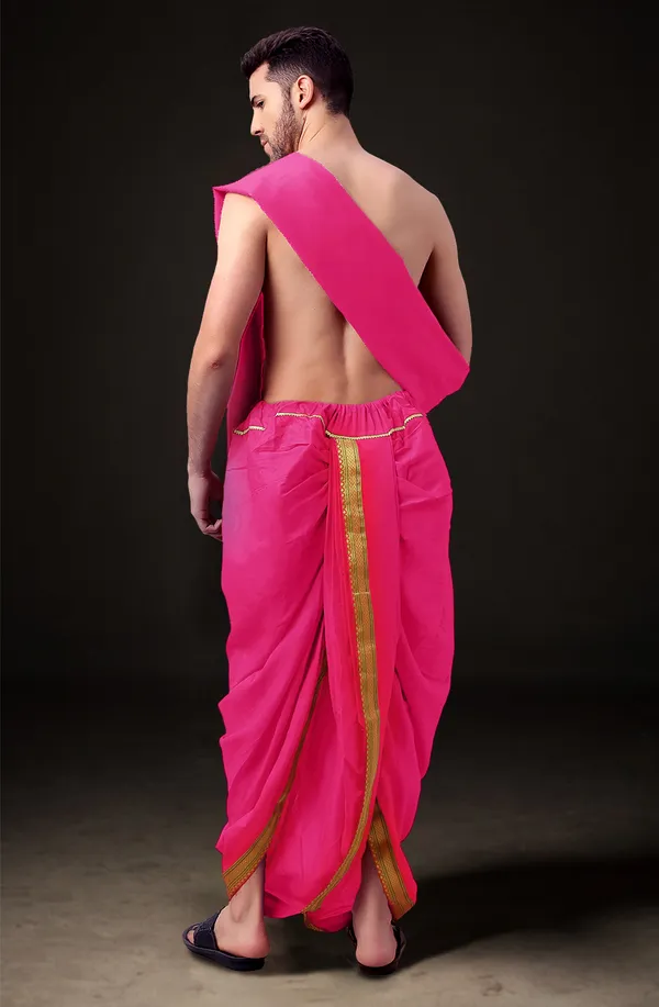 Pink_Polyester_Elastic_Ready_To_Wear_Dhoti_With_Dupatta_For_Men