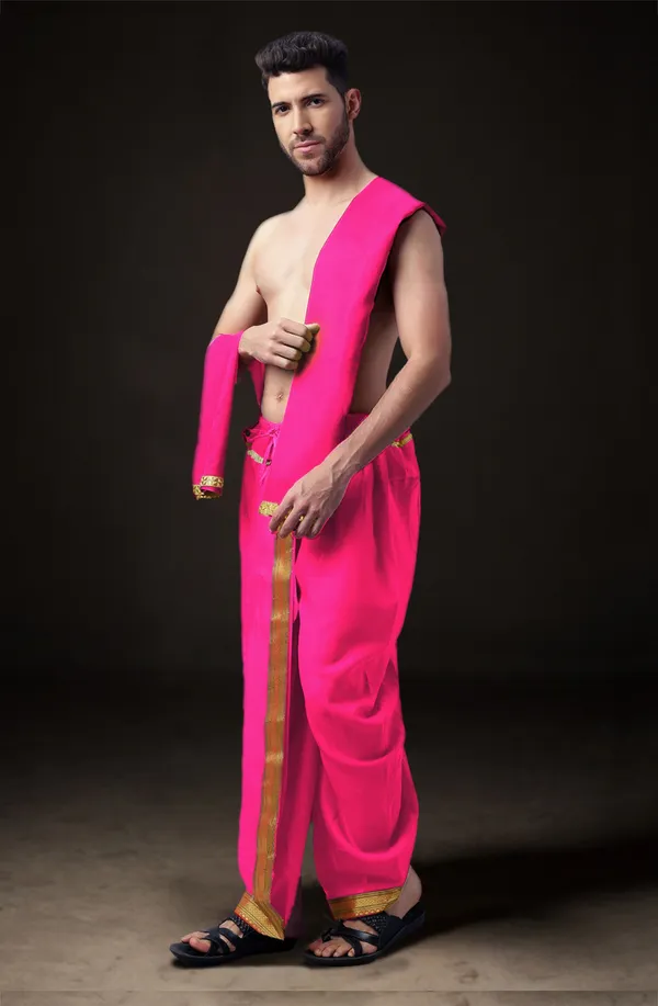 Pink_Polyester_Elastic_Ready_To_Wear_Dhoti_With_Dupatta_For_Men
