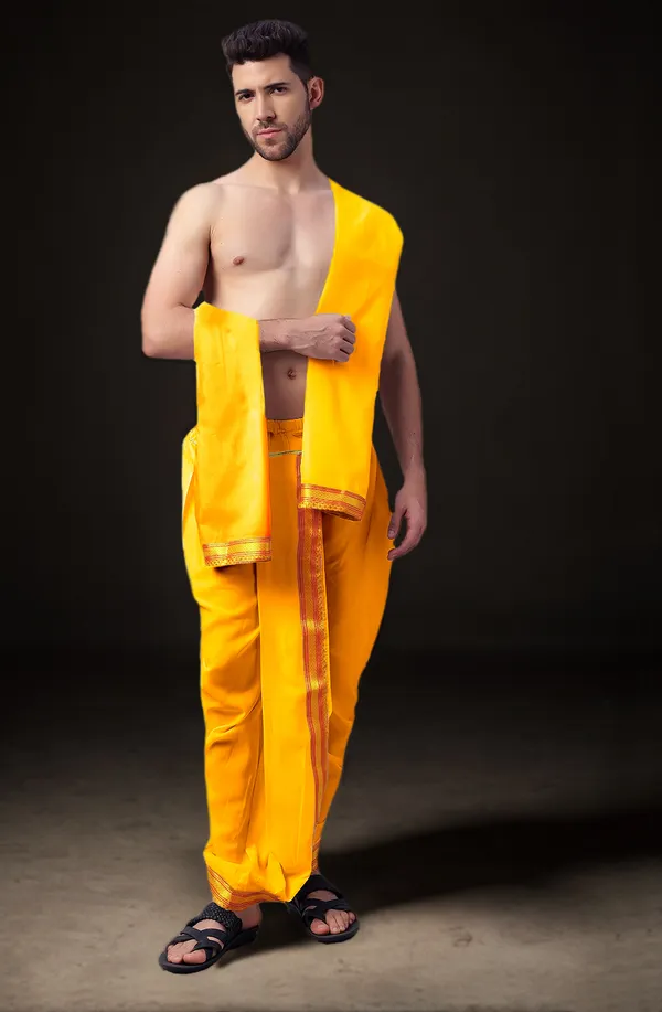 Yellow_Polyester_Elastic_Ready_To_Wear_Dhoti_With_Dupatta_For_Men