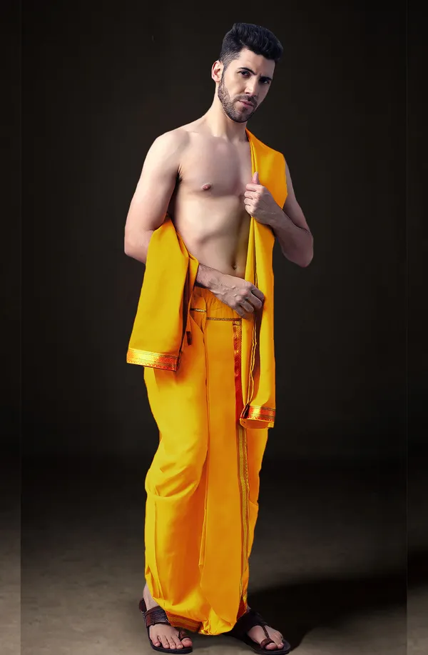 Yellow_Polyester_Elastic_Ready_To_Wear_Dhoti_With_Dupatta_For_Men