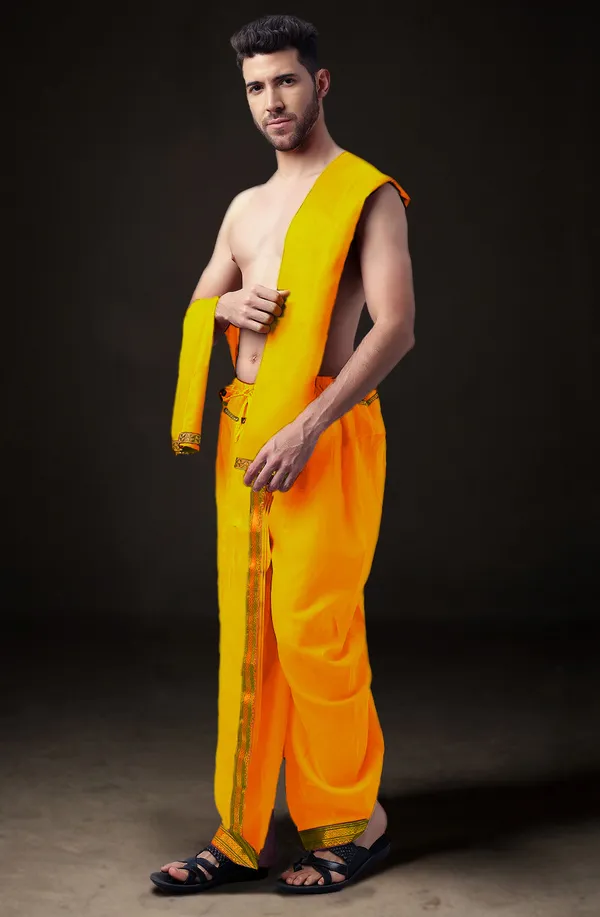 Yellow_Polyester_Elastic_Ready_To_Wear_Dhoti_With_Dupatta_For_Men