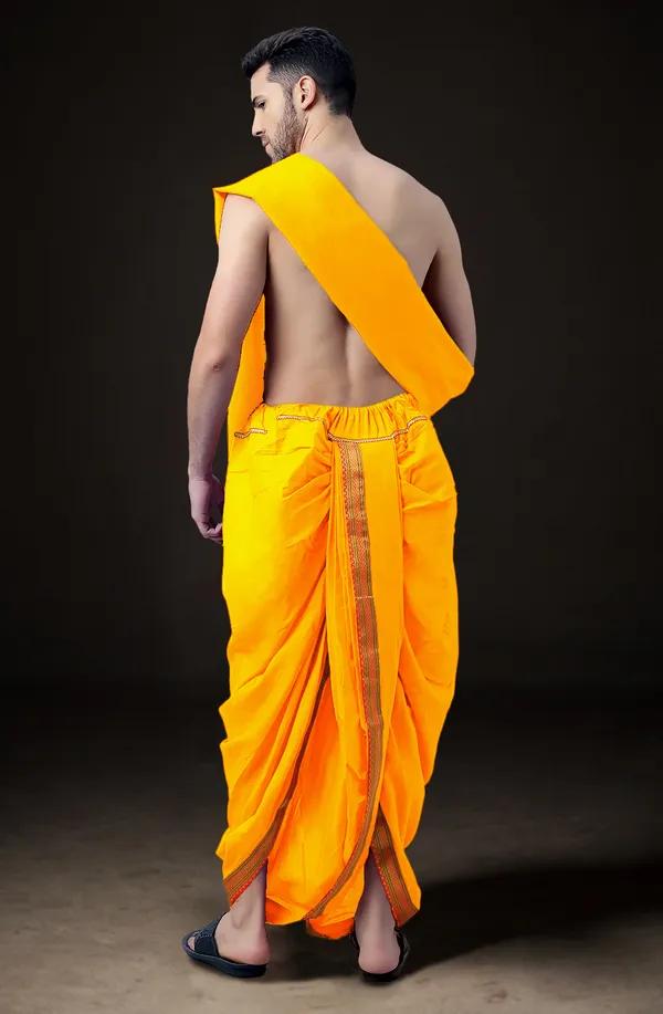 Yellow_Polyester_Elastic_Ready_To_Wear_Dhoti_With_Dupatta_For_Men