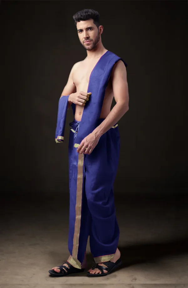 Navy_Blue_Polyester_Elastic_Ready_To_Wear_Dhoti_With_Dupatta_For_Men