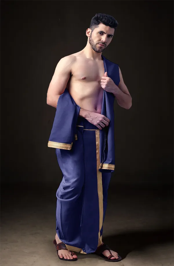 Navy_Blue_Polyester_Elastic_Ready_To_Wear_Dhoti_With_Dupatta_For_Men
