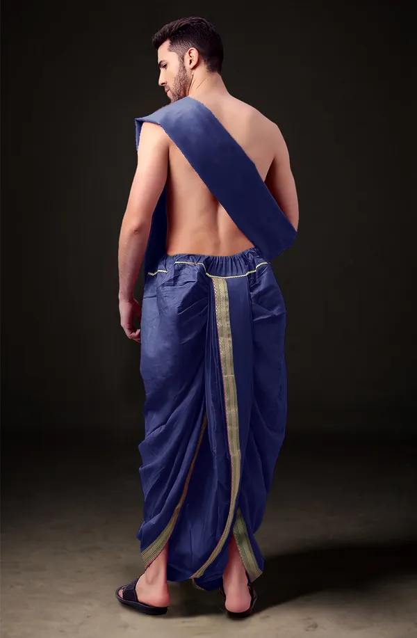 Navy_Blue_Polyester_Elastic_Ready_To_Wear_Dhoti_With_Dupatta_For_Men