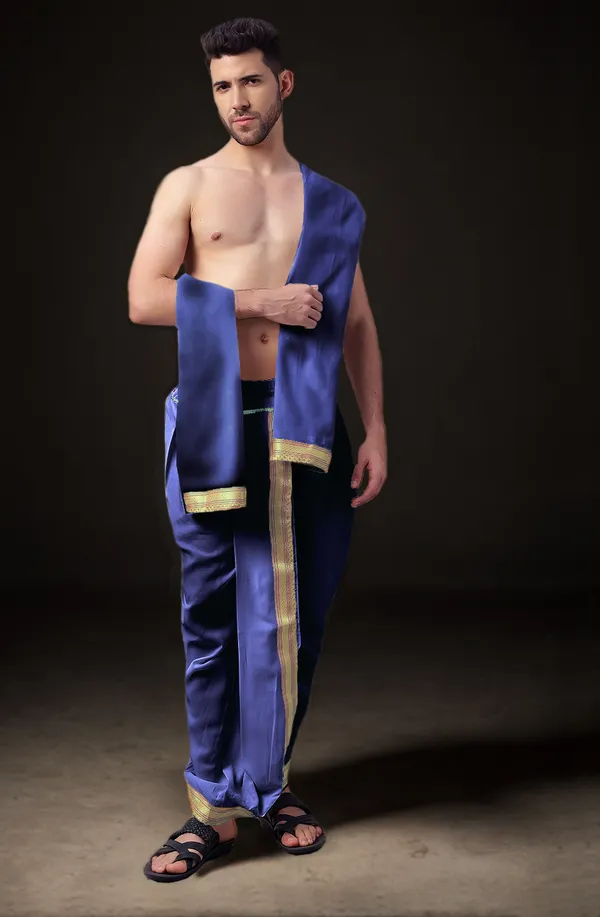 Navy_Blue_Polyester_Elastic_Ready_To_Wear_Dhoti_With_Dupatta_For_Men