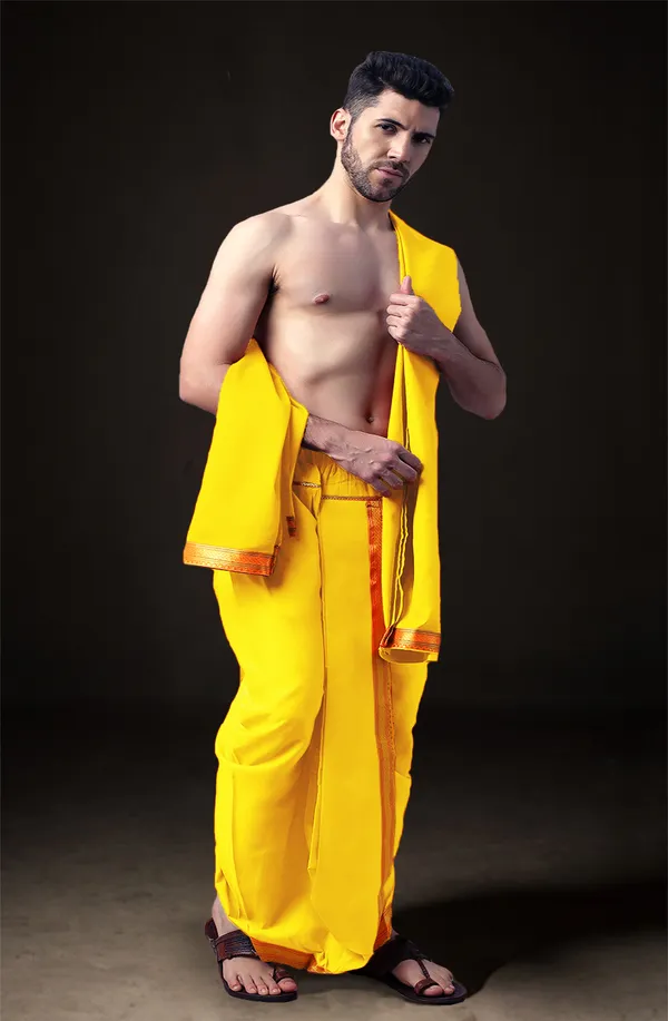Yellow_Polyester_Elastic_Ready_To_Wear_Dhoti_With_Dupatta_For_Men