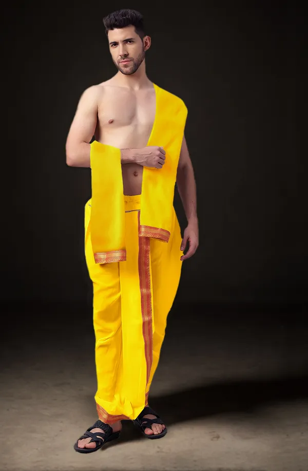 Yellow_Polyester_Elastic_Ready_To_Wear_Dhoti_With_Dupatta_For_Men
