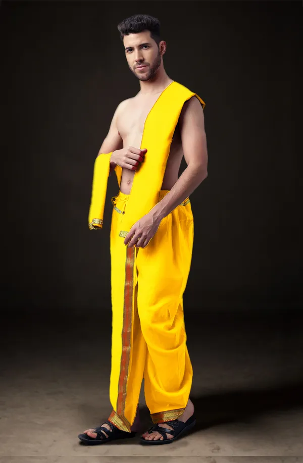 Yellow_Polyester_Elastic_Ready_To_Wear_Dhoti_With_Dupatta_For_Men