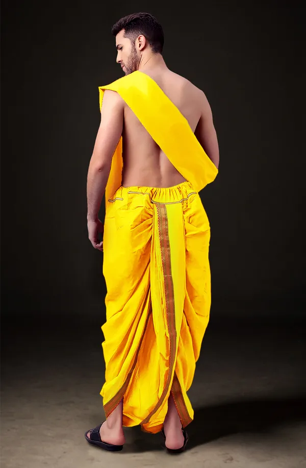 Yellow_Polyester_Elastic_Ready_To_Wear_Dhoti_With_Dupatta_For_Men