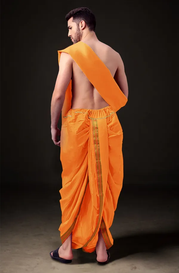 Orange_Polyester_Elastic_Ready_To_Wear_Dhoti_With_Dupatta_For_Men