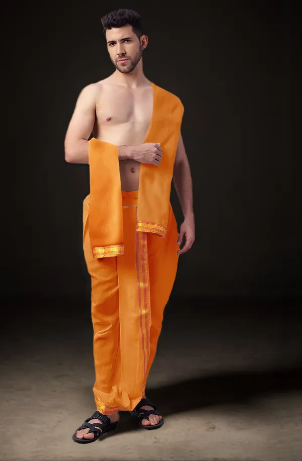 Orange_Polyester_Elastic_Ready_To_Wear_Dhoti_With_Dupatta_For_Men
