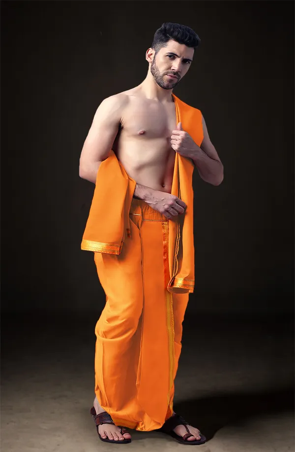 Orange_Polyester_Elastic_Ready_To_Wear_Dhoti_With_Dupatta_For_Men
