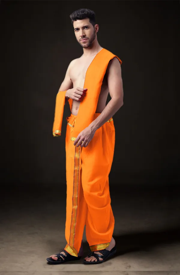Orange_Polyester_Elastic_Ready_To_Wear_Dhoti_With_Dupatta_For_Men