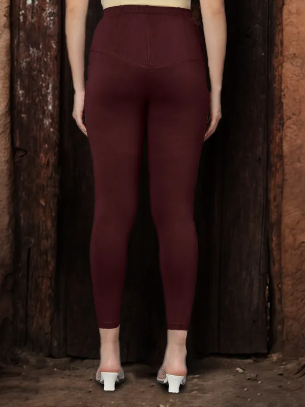 Maroon_V-Cut_Ankle_Length_Stylish_High-Waist_Leggings_For_Women