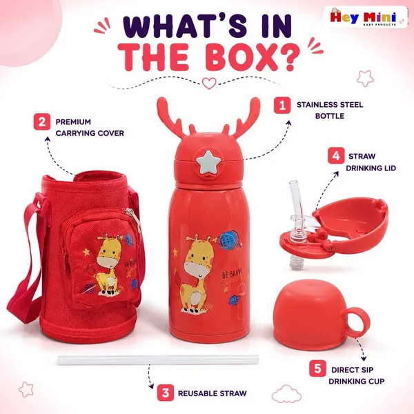 Red_Giraffe_Print_Stainless_Steel_600Ml_Water_Bottle_With_Sling_Bag_For_Kids