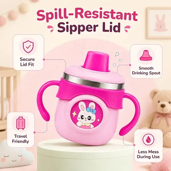 Pink_Bunny_Print_Stainless_Steel_260Ml_Handled_Sippy_Cup_For_Babies