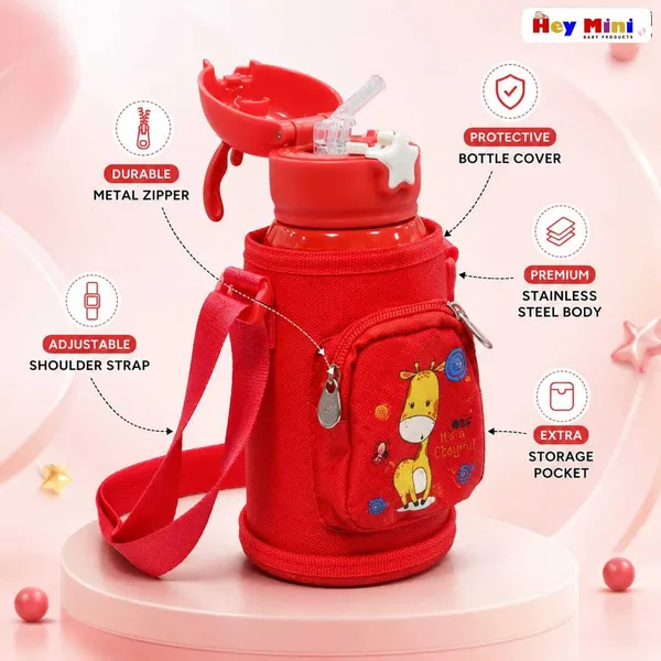 Red_Giraffe_Print_Stainless_Steel_600Ml_Water_Bottle_With_Sling_Bag_For_Kids