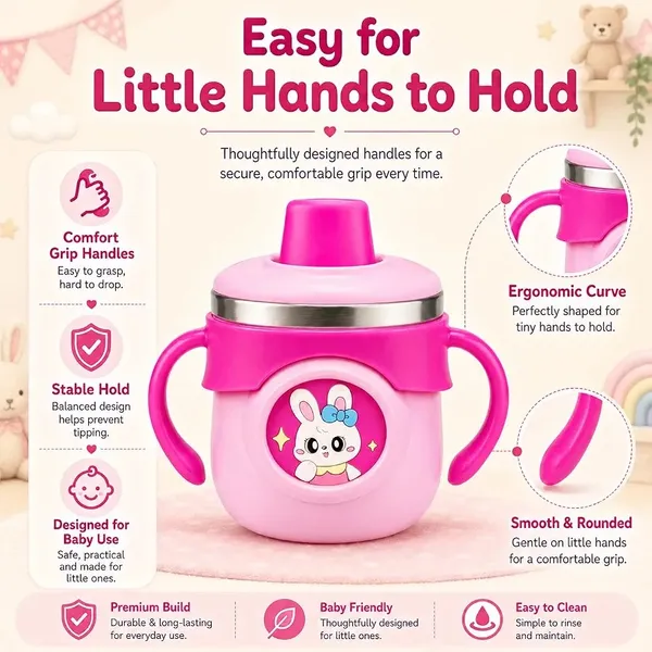 Pink_Bunny_Print_Stainless_Steel_260Ml_Handled_Sippy_Cup_For_Babies